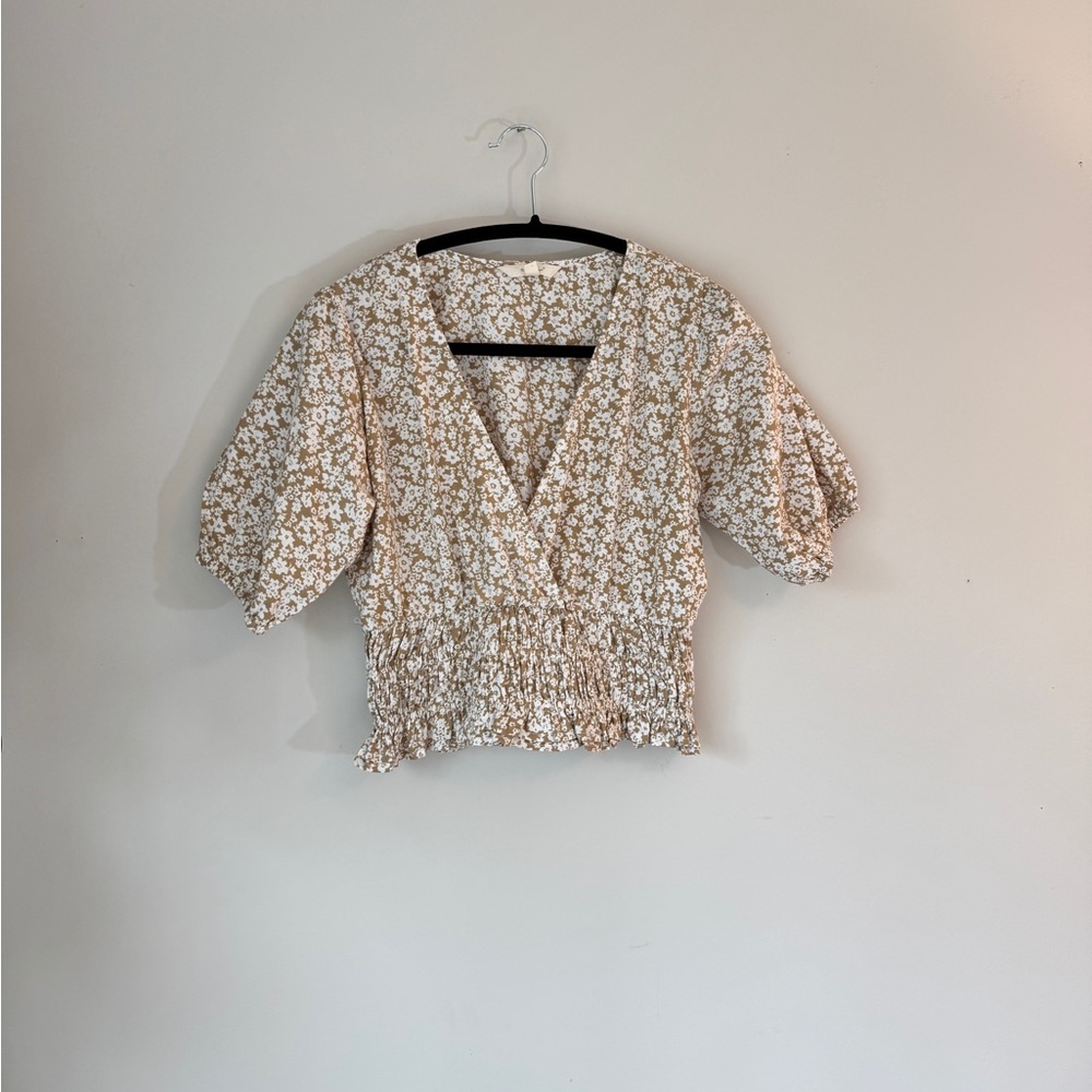 Cotton Floral Crop Top with Smocked Waist and Puffed Sleeves